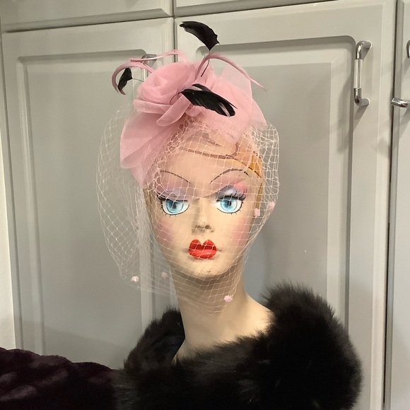 Accessories - Elegant Pink Net and Feather Fascinator with Black Accents